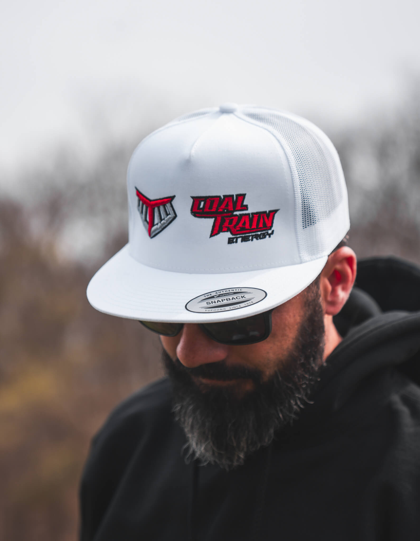 White Yupoong Flatbill Double Logo Hat
